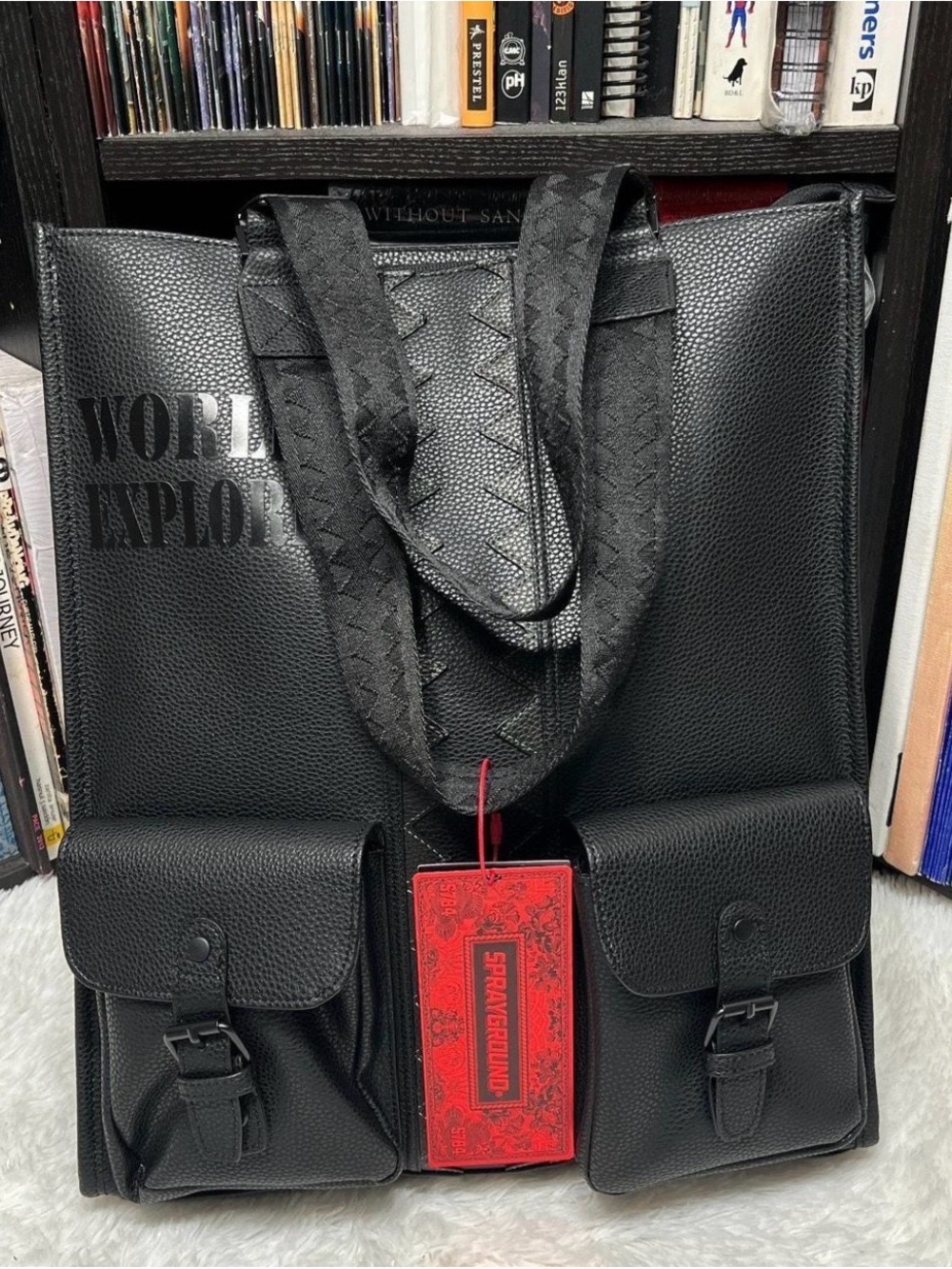 Sprayground Black 'World Explorer' Tote with Dual Front Pockets